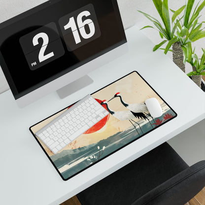 Serene Crane Landscape: Two Industrial Cranes in Nature - Desk Mat