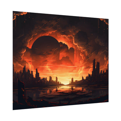 Futuristic Cyberpunk Night: Burning Cityscape Landscape Art - Poster