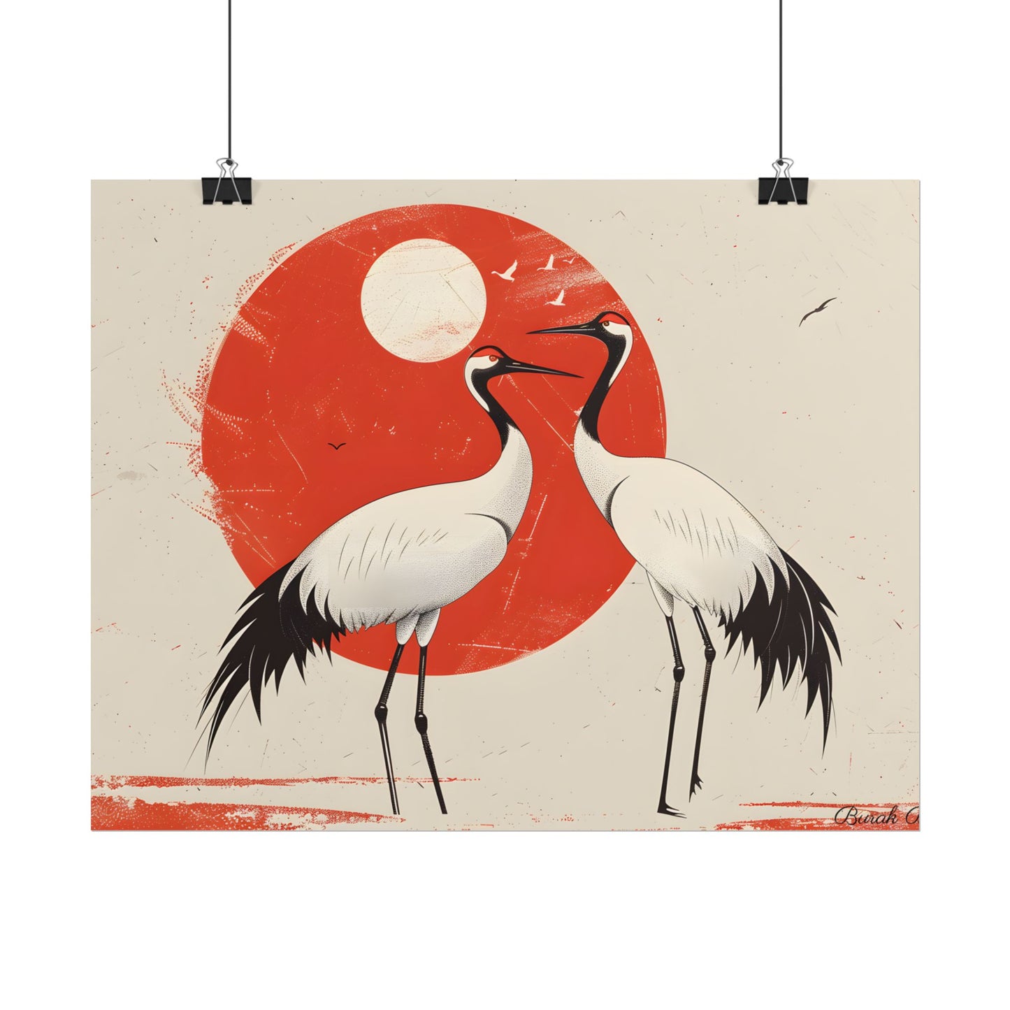 Serene Wildlife Sanctuary: Cranes in Red Nature Scene Art - Poster