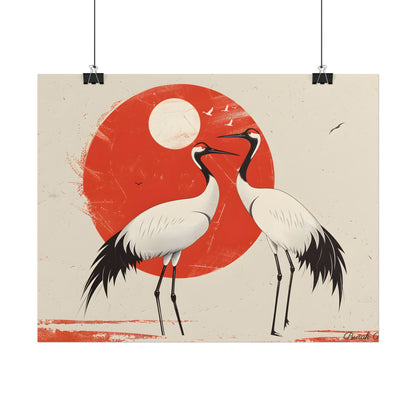 Serene Wildlife Sanctuary: Cranes in Red Nature Scene Art - Poster