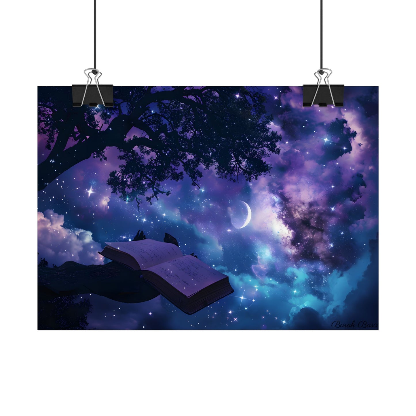 Mystical Night Sky: Celestial Dreams with Crescent Moon Art - Poster