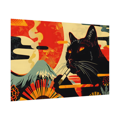 Whimsical Cat Smoking: Red & White Stripe Artwork - Poster