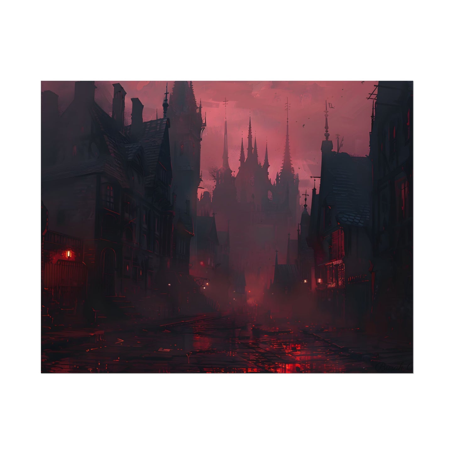 Dark Gothic Cityscape: A Serene Misty Dusk Scene - Poster