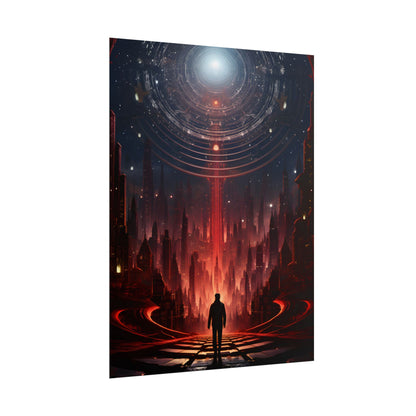 Futuristic Cityscape: Neon Sky Meets Nature's Harmony - Poster