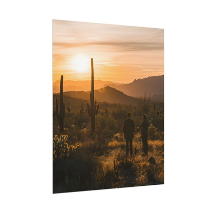 Desert Sunset Serenity: Two Friends Standing Together - Poster