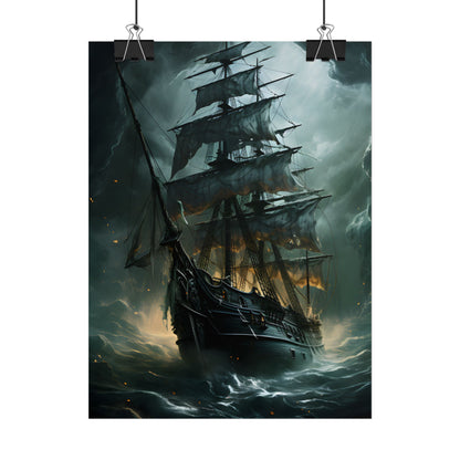 Ghostly Pirate Ship: Sailing Solo in Eerie Blue Skies - Poster