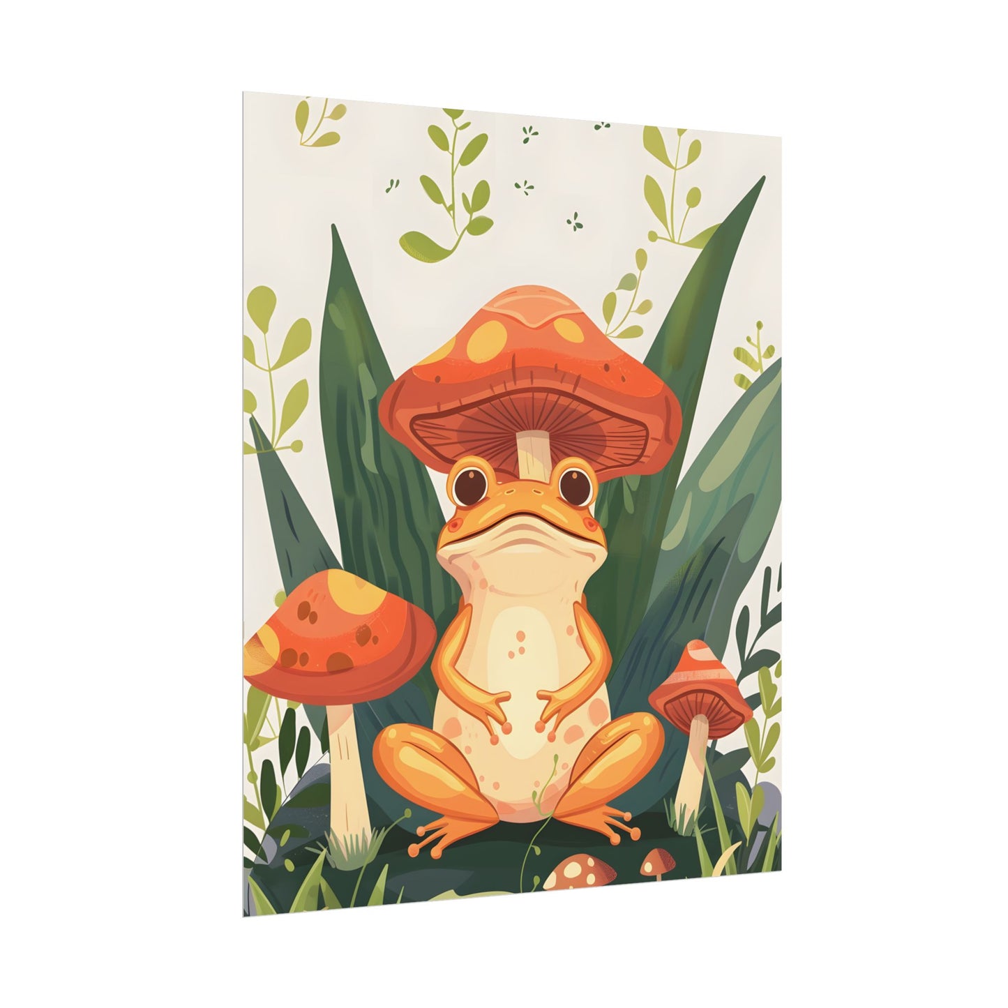 Retro Whimsy: Frog & Mushrooms in Close-Up Charm - Poster