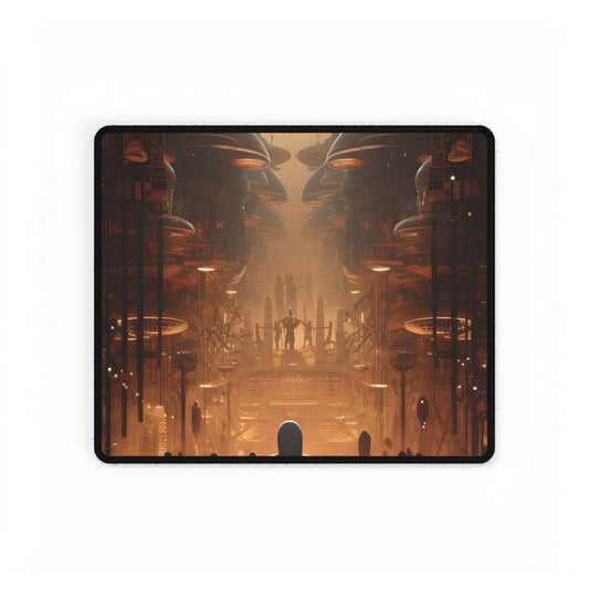 Futuristic Tribal Gathering: Vibrant Colors Digital Artwork - Desk Mat