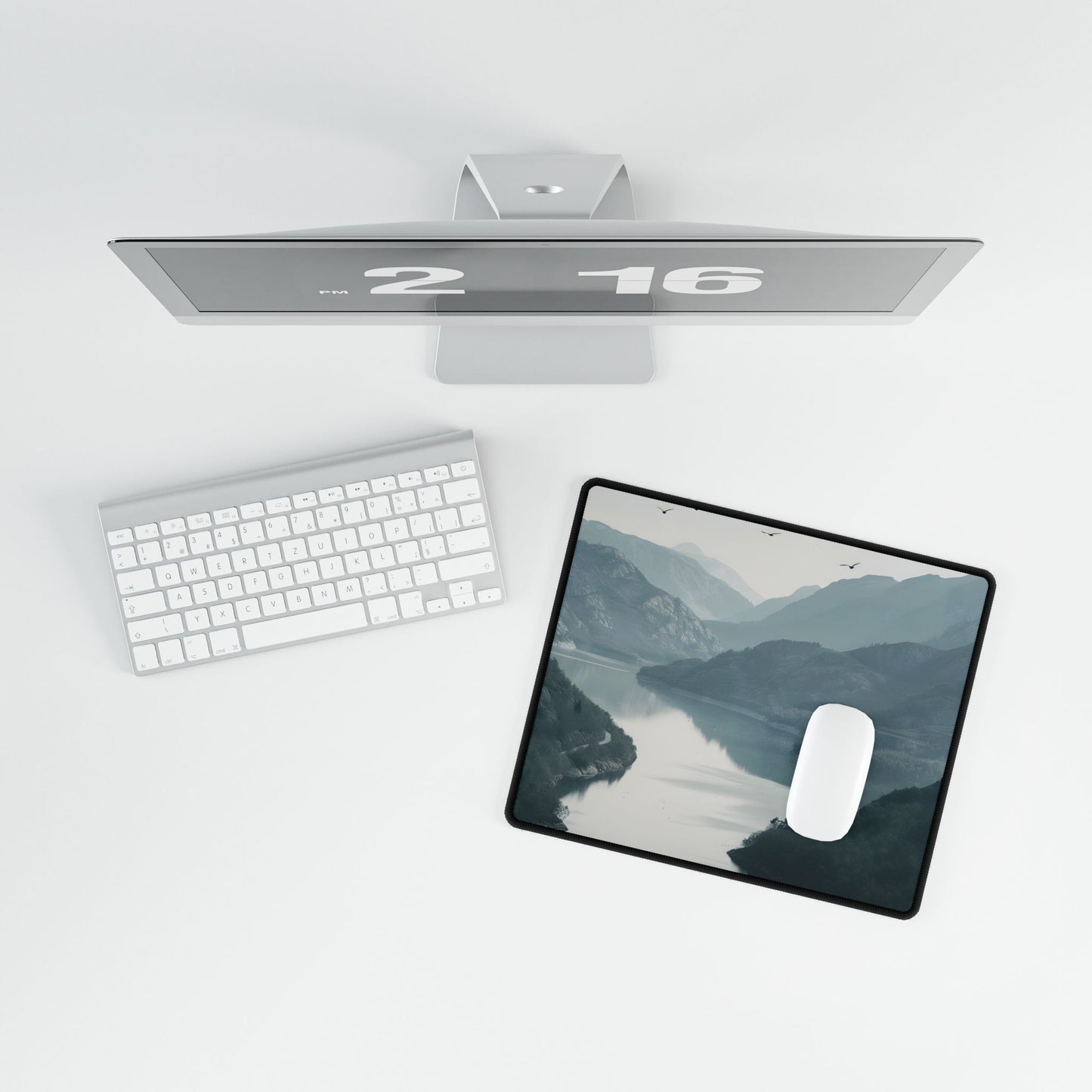 Peaceful Mountain Oasis: Serene Birds Eye View Artwork - Desk Mat