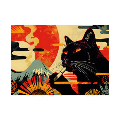 Whimsical Cat Smoking: Red & White Stripe Artwork - Poster