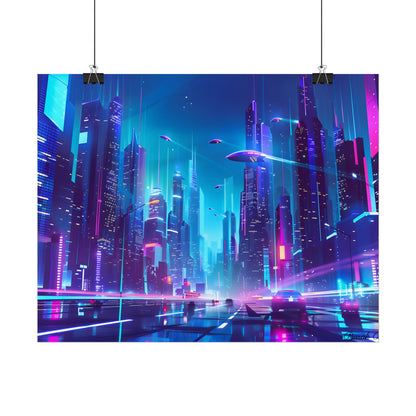 Futuristic Neon City: Towering Skyscrapers in a Vibrant Nighttime Sky - Poster