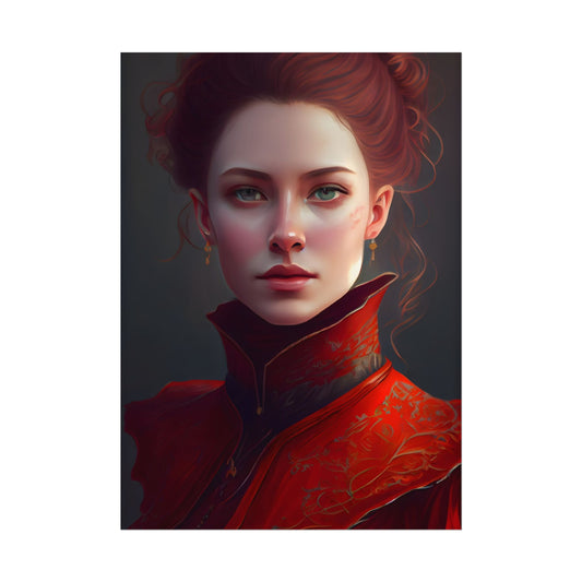 Vibrant Redhead Portrait in Red Dress: Artwork - Poster