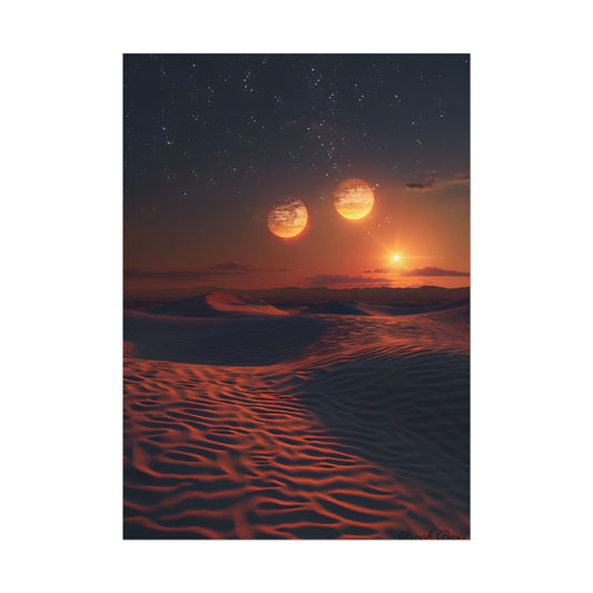 Serene Binary Sunset: Desert Landscape Art - Poster