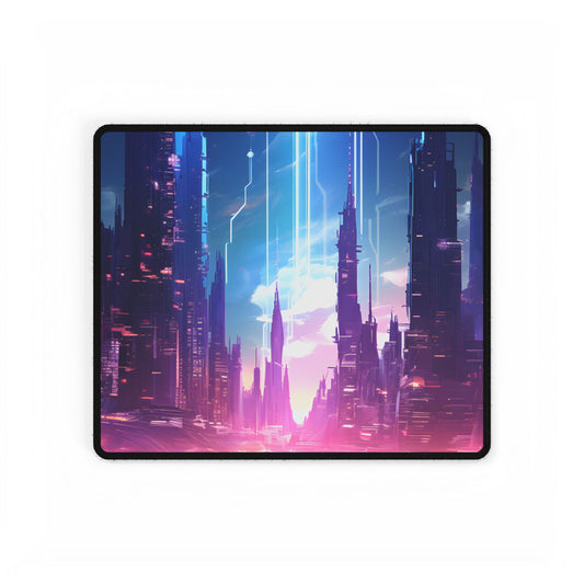 Futuristic Cityscape: Cyberpunk Dreams in a Dystopian World - Desk Mat
