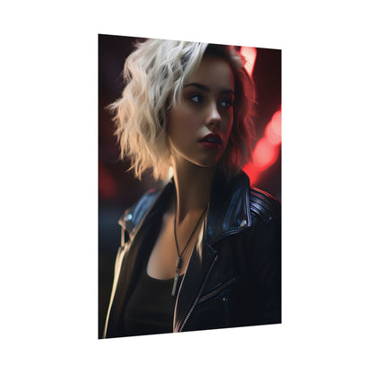 Cyberpunk Blonde: Closeup Portrait in Neon Hues - Poster