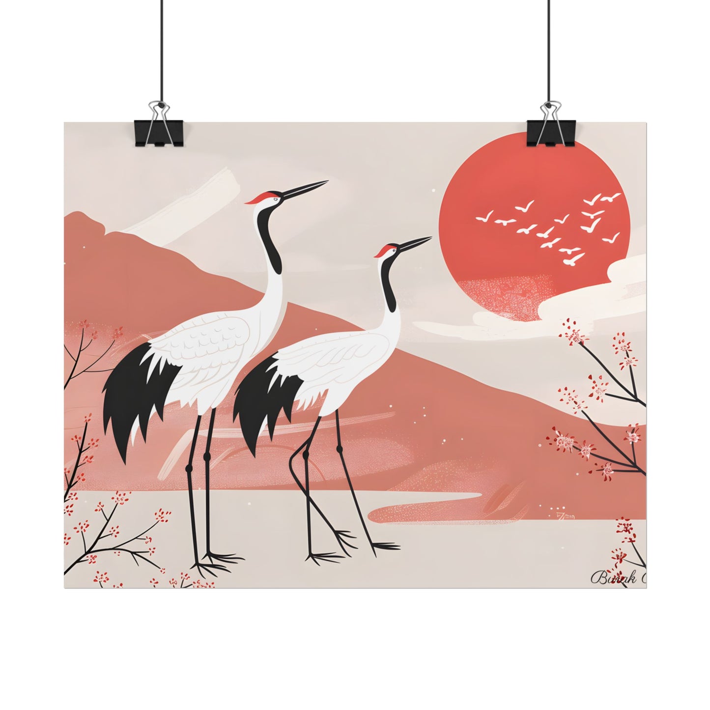 Serene Landscape with Cranes: Peaceful Nature Art - Poster