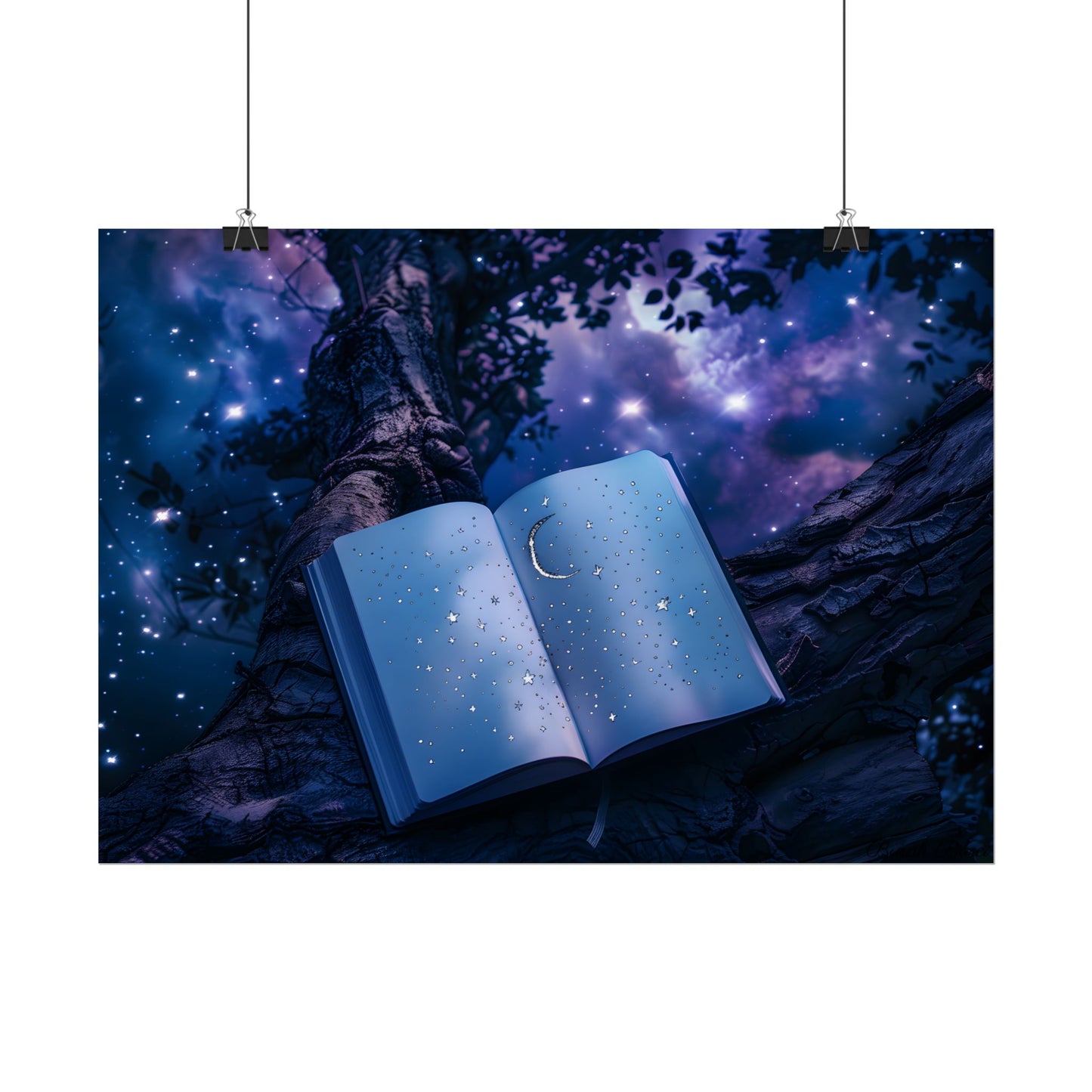 Mystical Night Sky: Celestial Dreams with Crescent Moon and Stars - Poster