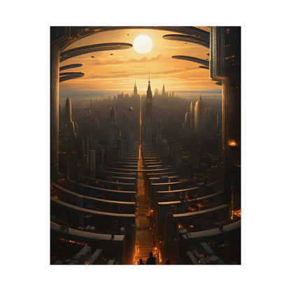 Dystopian Utopia: Futuristic Cityscape with Dark Facade - Poster