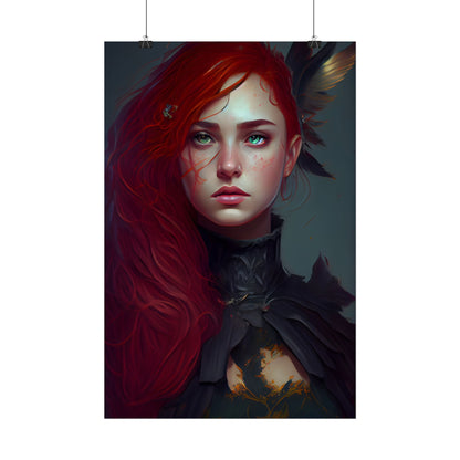 Vibrant Female Portrait: Red Hair Beauty in Neutral Dress - Poster