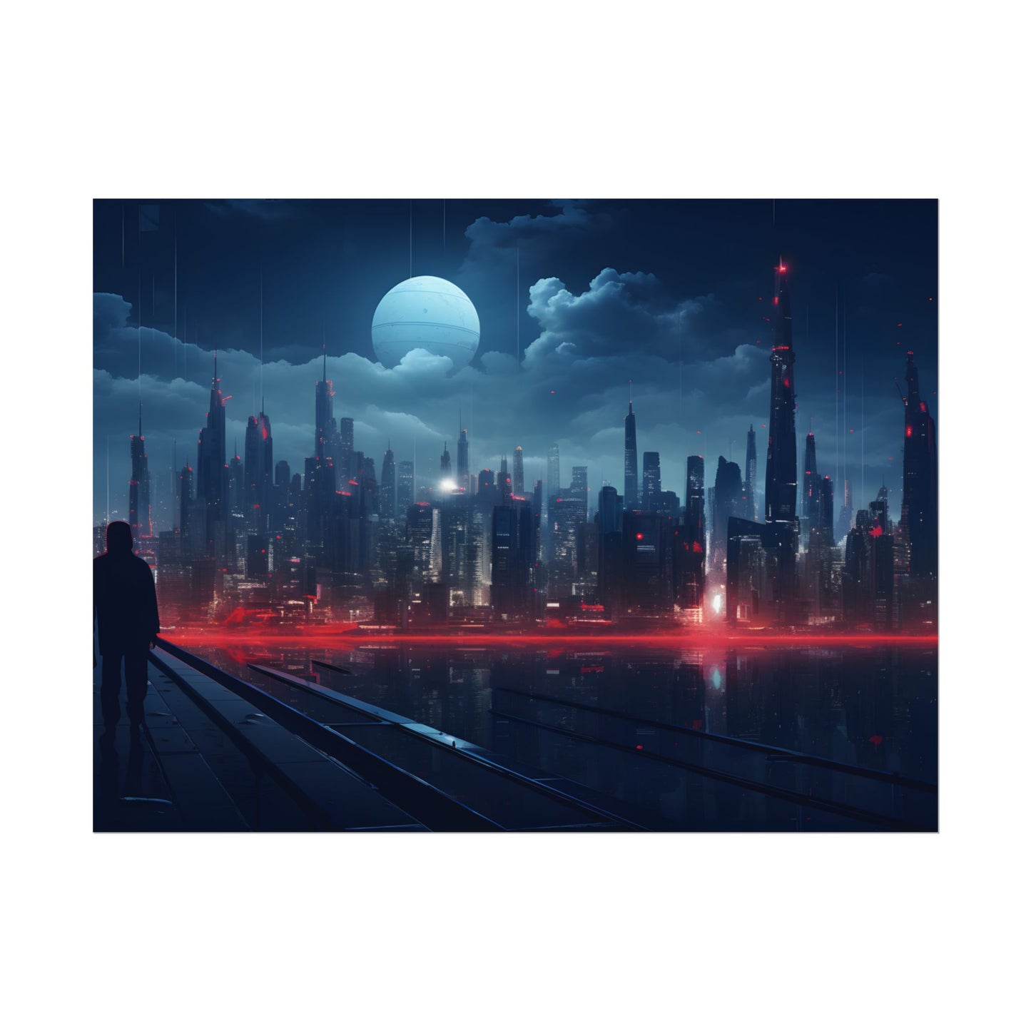 Melancholic Night: A Solo Figure in Cyberpunk Cityscape - Poster