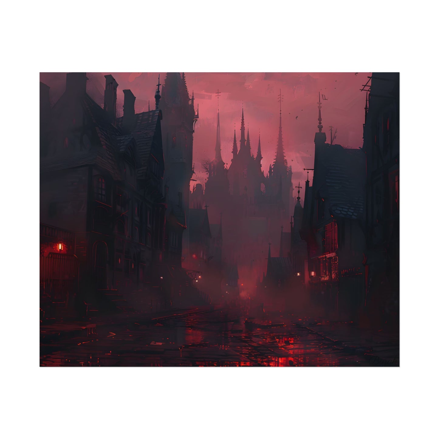 Dark Gothic Cityscape: A Serene Misty Dusk Scene - Poster