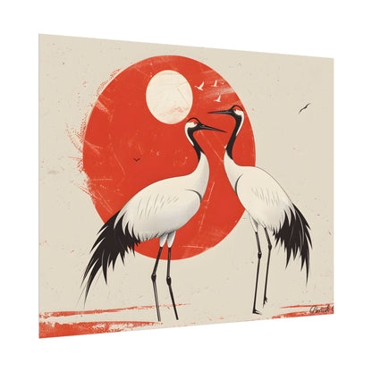 Serene Wildlife Sanctuary: Cranes in Red Nature Scene Art - Poster