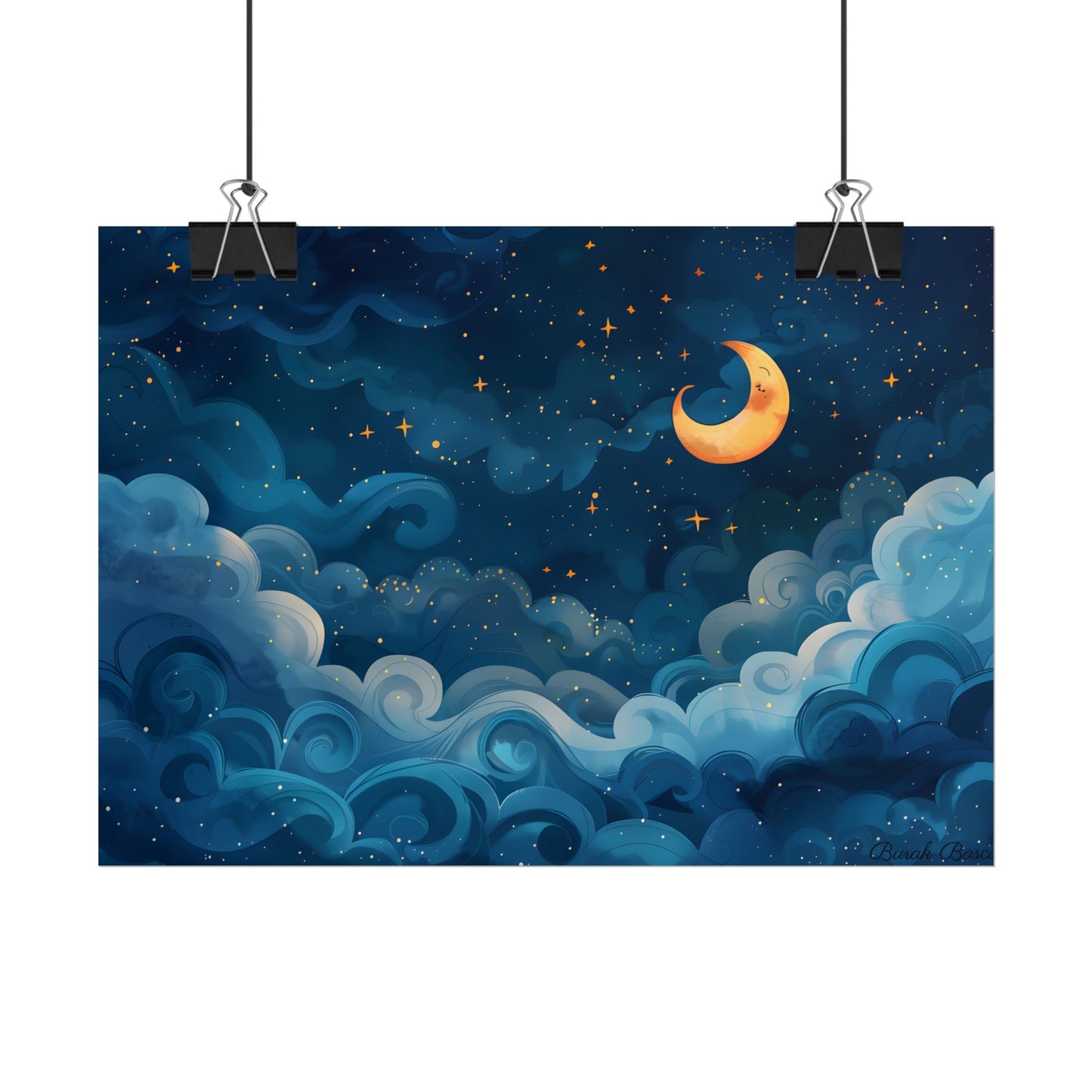 Surreal Night Sky Dreamscape: Whimsical Stars and Clouds Art - Poster