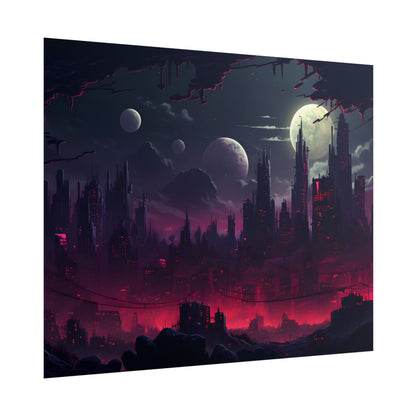 Burning Cyberpunk Cityscape at Night: Digital Art - Poster
