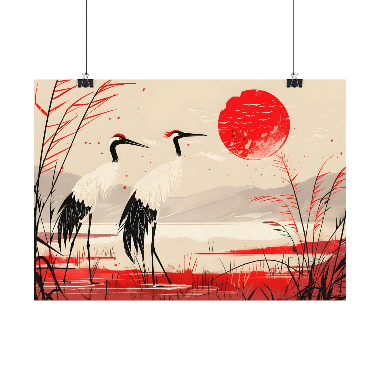 Peaceful Cranes in Serene Nature: Landscape Artwork - Poster