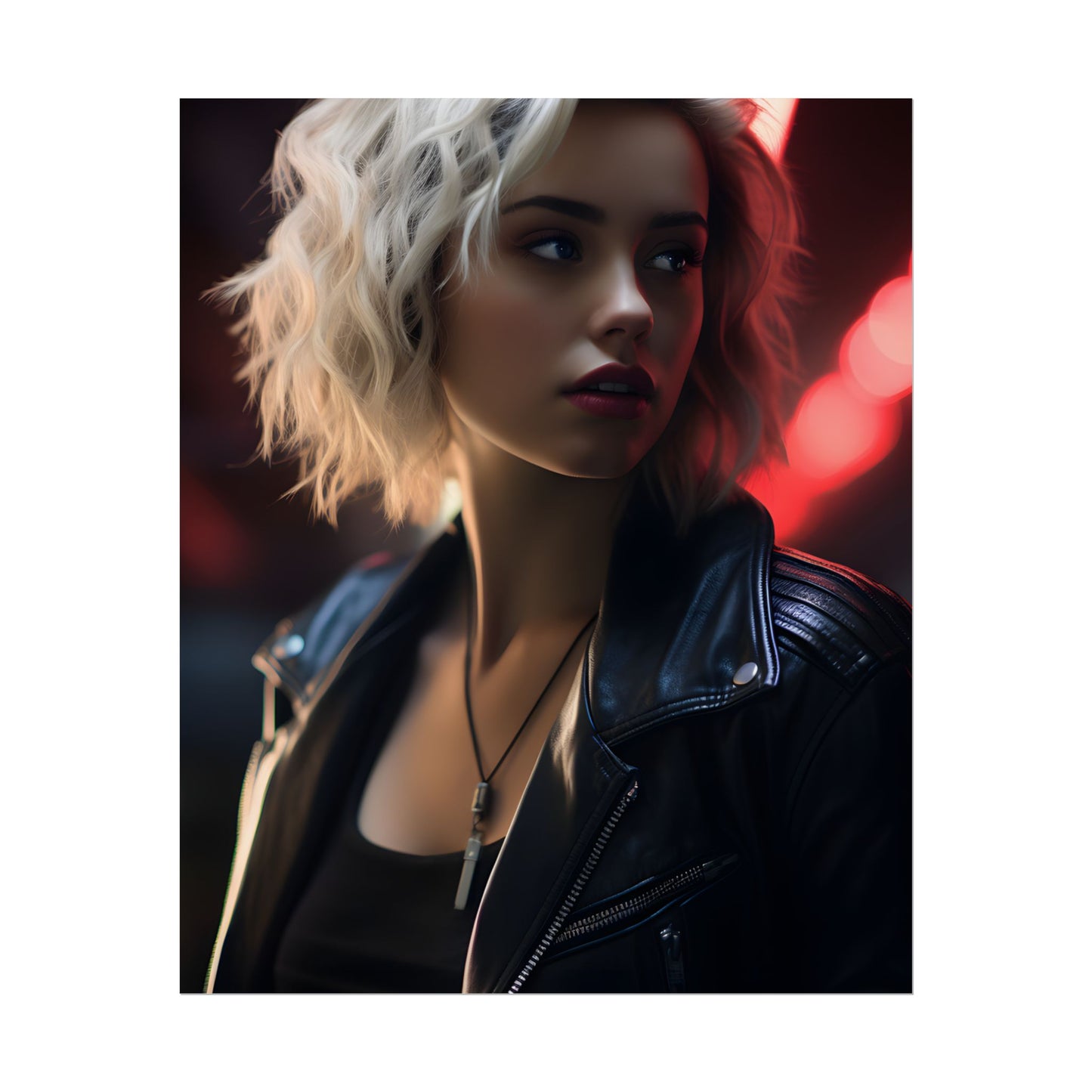 Cyberpunk Blonde: Closeup Portrait in Neon Hues - Poster