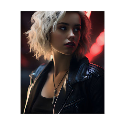 Cyberpunk Blonde: Closeup Portrait in Neon Hues - Poster