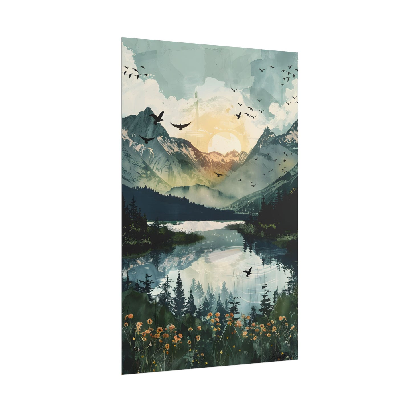 Serene Mountain Lake: Birds in Flight - Natural Art - Poster