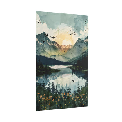 Serene Mountain Lake: Birds in Flight - Natural Art - Poster