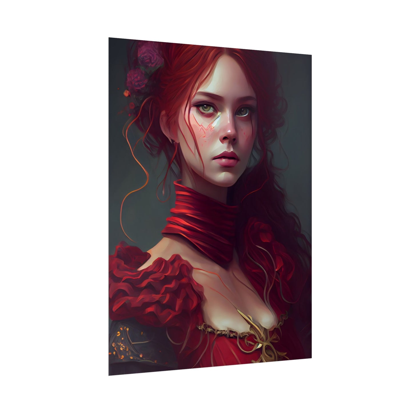 Vibrant Redhead Portrait: Female Artwork in Red Dress - Poster