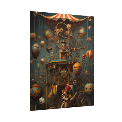Whimsical Clockwork Circus: Fantastical Wooden Horse in Steampunk Dreamscape - Poster