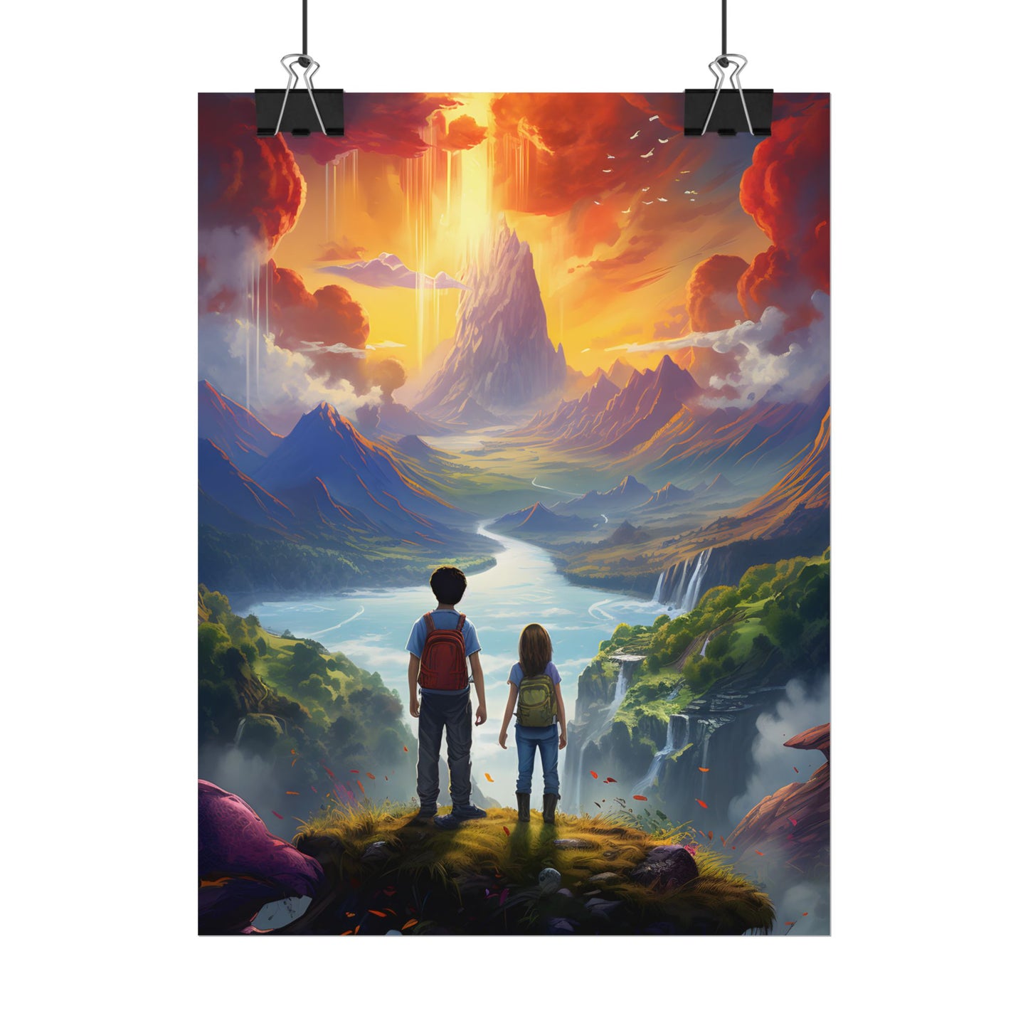 Girl, Boy, Meadow: A Peaceful Cloudy Day Artwork - Poster