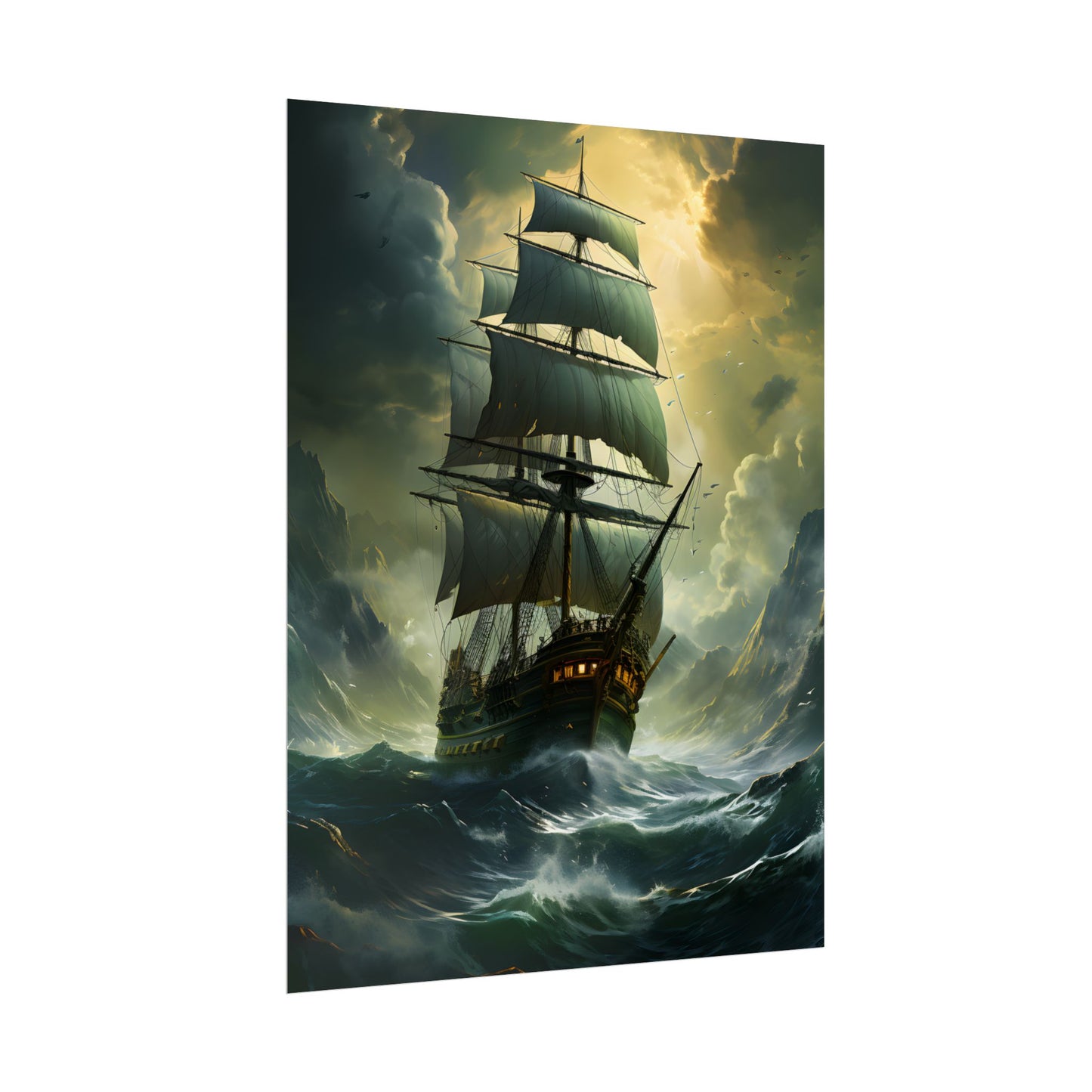 Green Realism: Majestic Ship Oil Painting - Poster