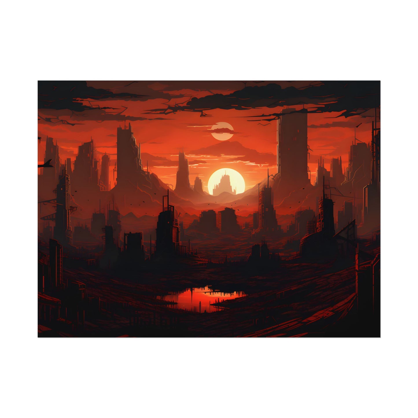 Cyberpunk Nighttime Cityscape: Burning City Digital Art - Poster