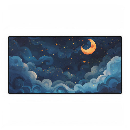 Surreal Night Sky Dreamscape: Whimsical Stars and Clouds Art - Desk Mat