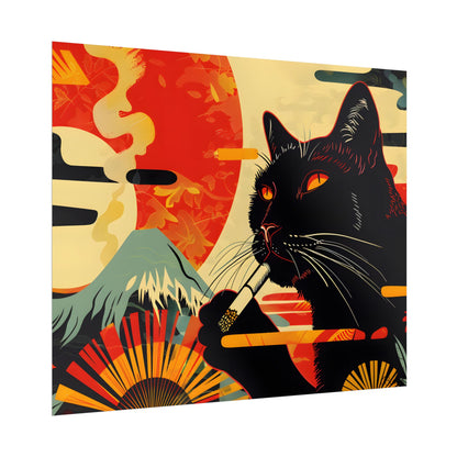 Whimsical Cat Smoking: Red & White Stripe Artwork - Poster