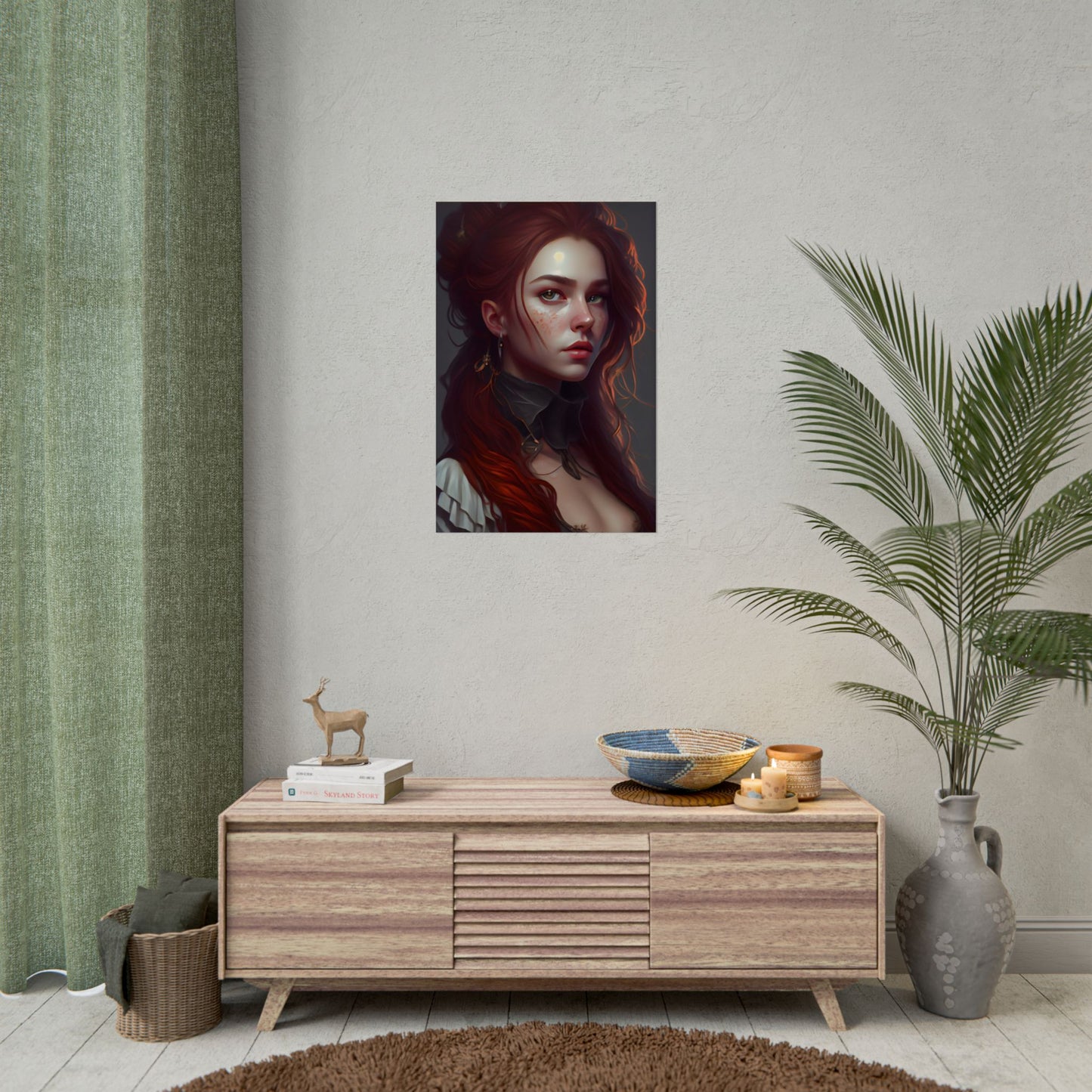Formal Redhead Portrait: Nature-Themed Artwork in Green and Blue - Poster