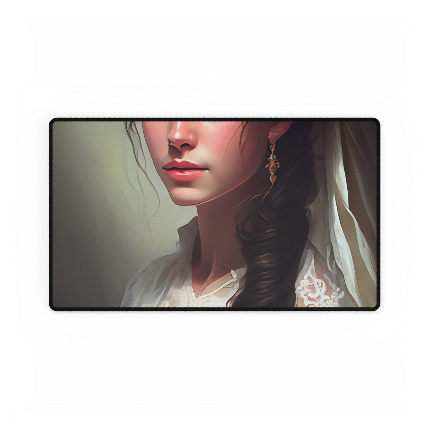 Serious Female Portrait: Brown Hair and Dark Top - Desk Mat