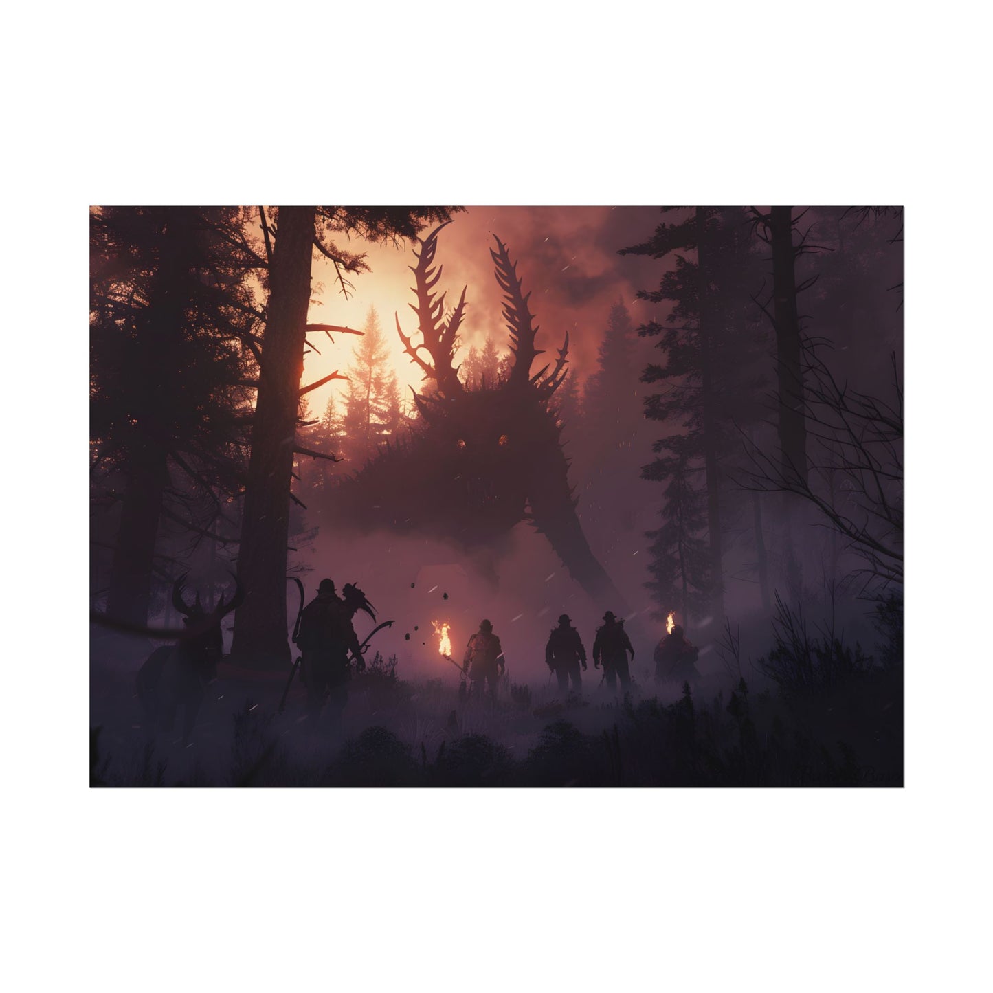 Serene Forest Sunset: Group Walking Through Misty Landscape - Poster