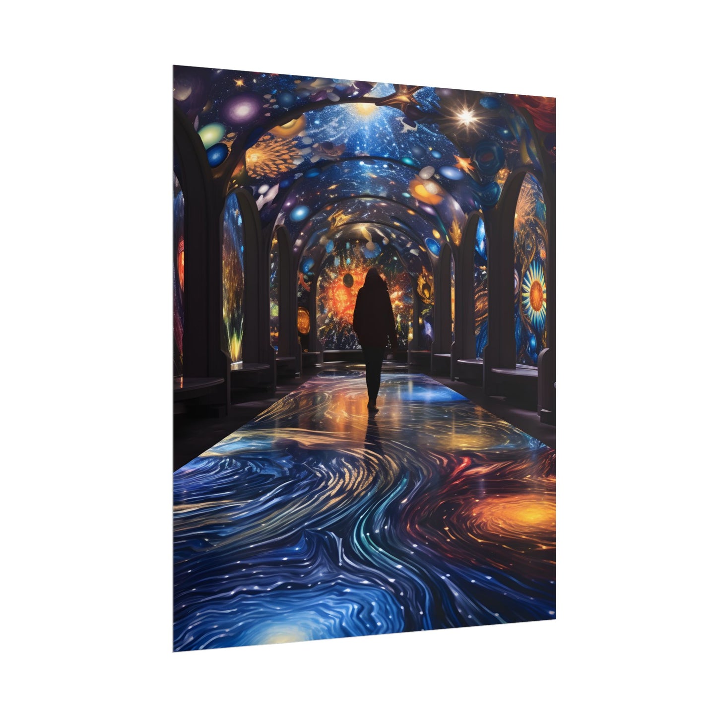 Celestial Art Gallery: Vibrant Space-Themed Artwork in a Colorful Interior - Poster