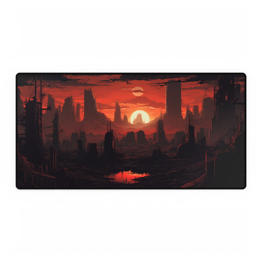 Cyberpunk Nighttime Cityscape: Burning City Digital Art - Desk Mat
