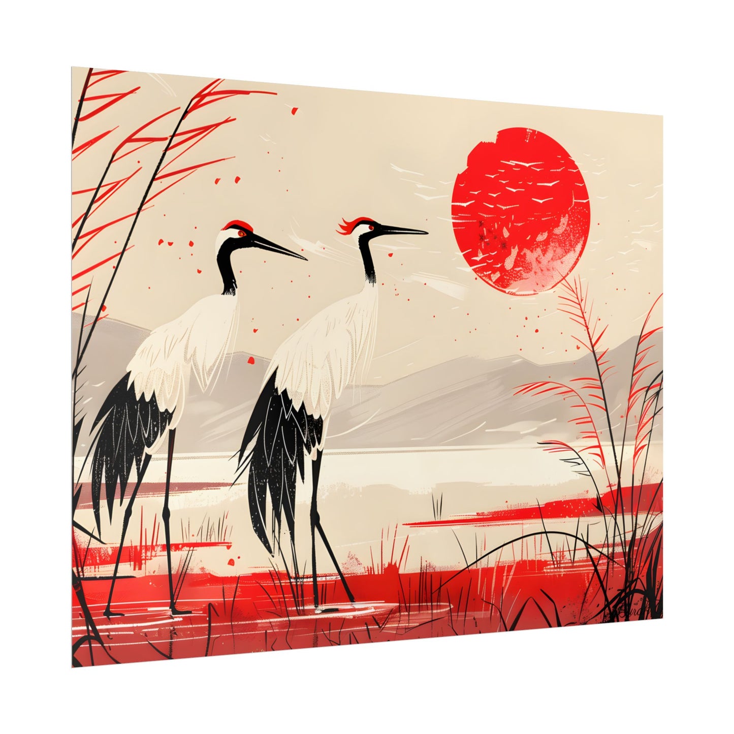 Peaceful Cranes in Serene Nature: Landscape Artwork - Poster
