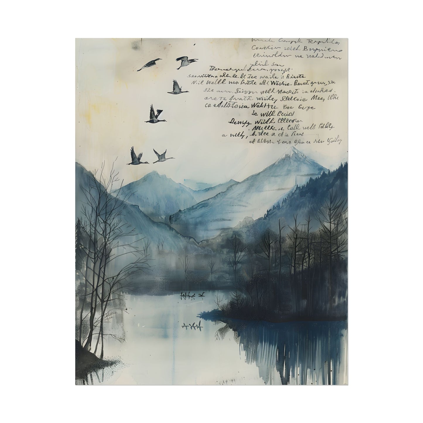 Nature's Serenity: Mountain Lake Birds in Flight Artwork - Poster