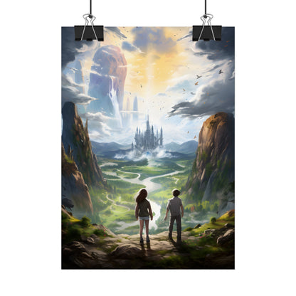 Girl and Boy in Serene Meadow: A Moment on Cloudy Hill - Poster