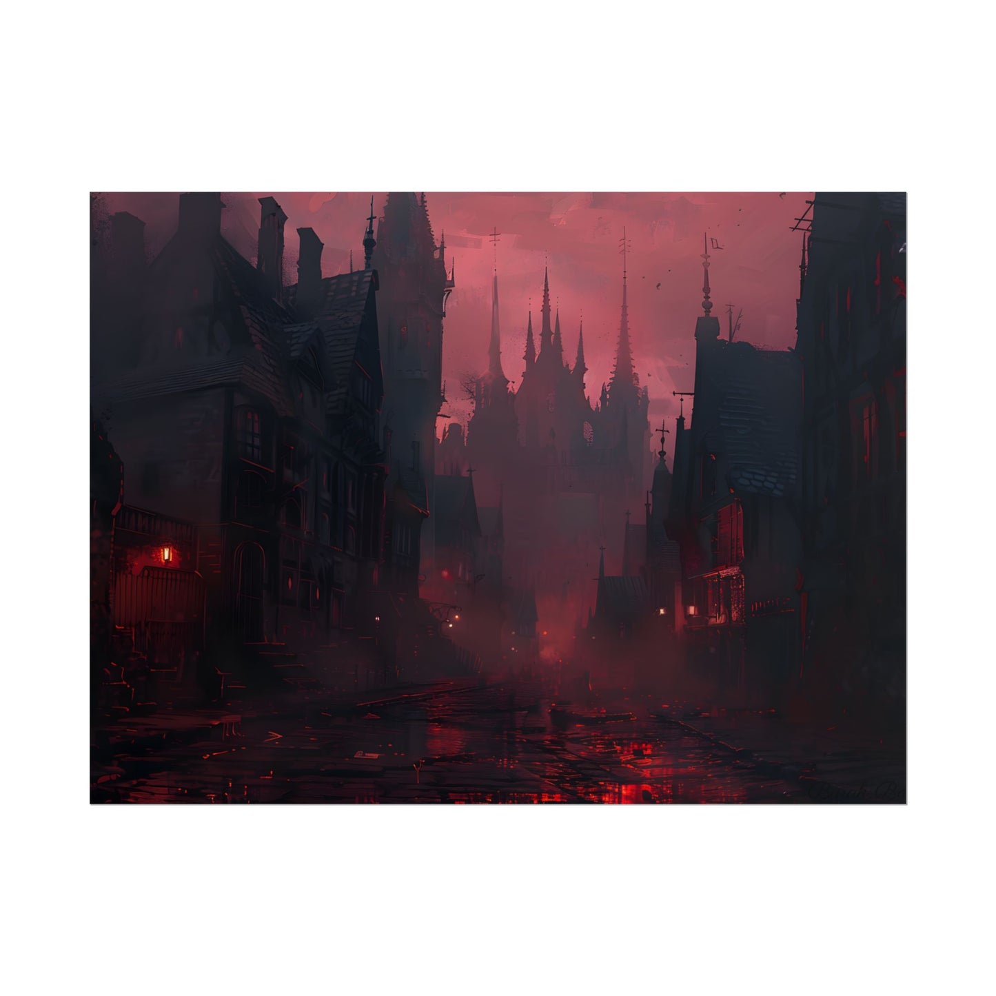 Dark Gothic Cityscape: A Serene Misty Dusk Scene - Poster