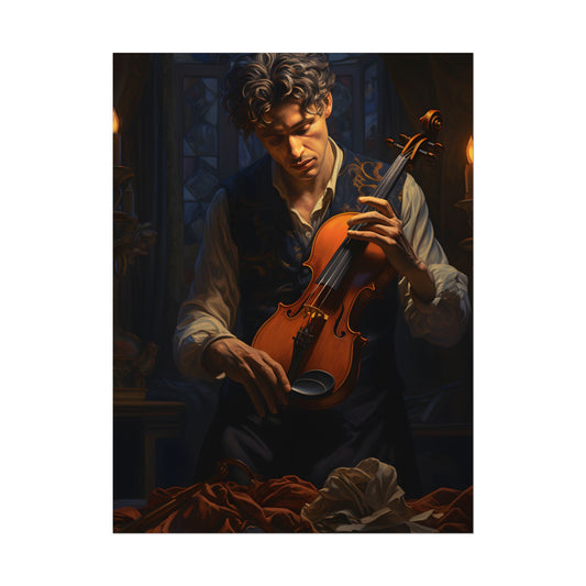 Enigmatic Musician in Dimly Lit Room: Mysterious Piano Performance Art - Poster